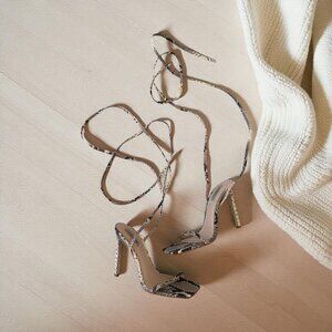 STEVE MADDEN Nude Black Snake Print Lace Up Sandals Heels Size 8.5